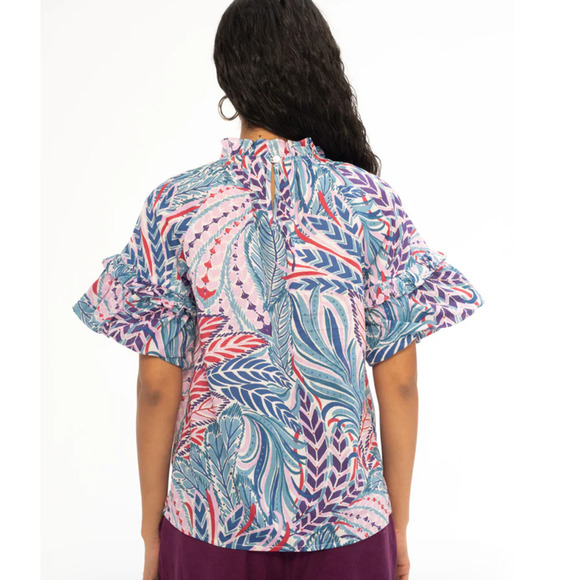 Banjanan Short Sleeve Marie Cotton Top Feather Chili Blue Pink BFA23TC654 Small - Picture 4 of 7